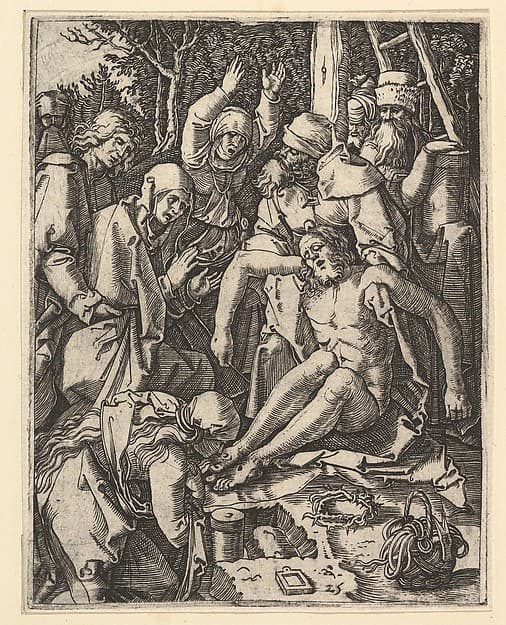The Deposition; Christ being taken from the Cross, a man on a ladder is holding the body while St John is supporting the weight with a cloth rope, after Dürer