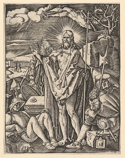 The Resurrection; Christ standing in front of closed tomb, holding a flag and giving a blessing, guards sleeping in the foreground, after Dürer