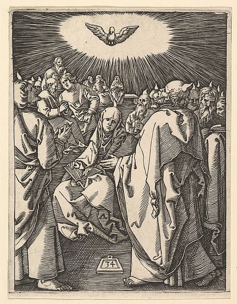 The Pentecost; the Holy Dove appears above, below sits the Virgin surrounded by Apostles, after Dürer