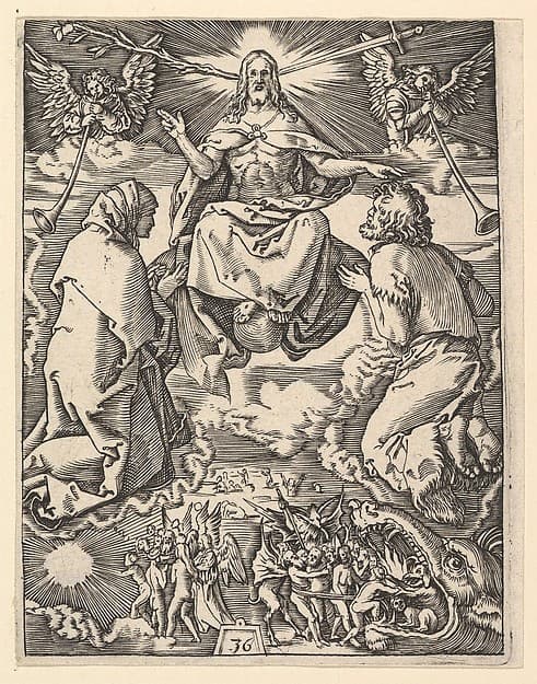 The Last Judgment; Christ with lily and sword at top, flanked by Virgin and St John the Baptist interceeding on behalf of the humans below, after Dürer