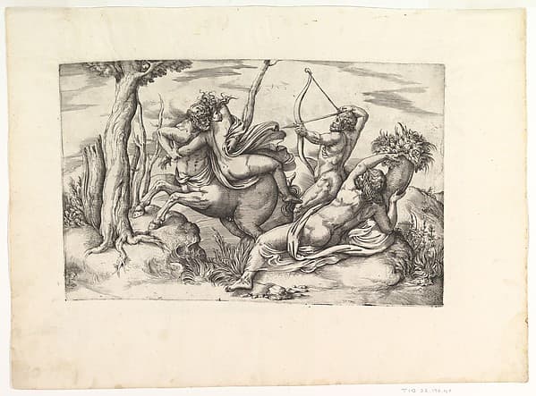 The Abduction of Dejanira, at center in the arms of the centaur Nessus, Hercules at right shooting the centaur with an arrow, Achelous reclining with his cornucopia at lower right