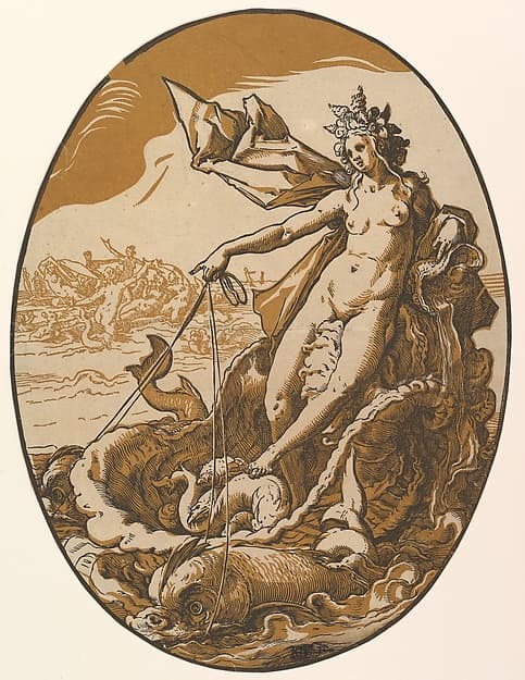 Tethys reclining in a giant shell chariot pulled by two sea creatures