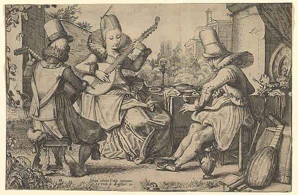Two Elegantly Dressed Men and a Woman in a Garden