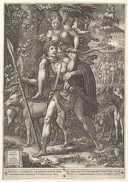Allegory of the Hunt; a hunter holding a large spear carrying a woman (Diana?) on his shoulders; five hunting dogs in the foreground and a retinue of male and female hunters in the background