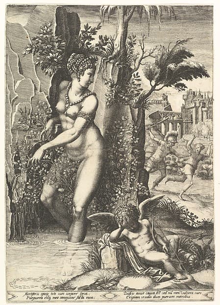 Venus pricked by the thorns on a rose bush, in the background Mars chasing Adonis, in the foreground winged cupid resting