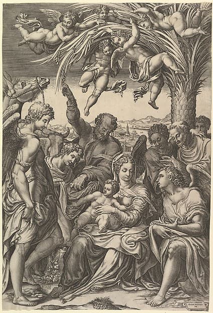 Rest on the Flight into Egypt; the Holy Family under a palm tree surrounded by angels, putti, and a male cleric or saint
