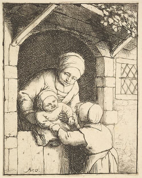 Little Girl Playing with a Baby in its Mother's Arms