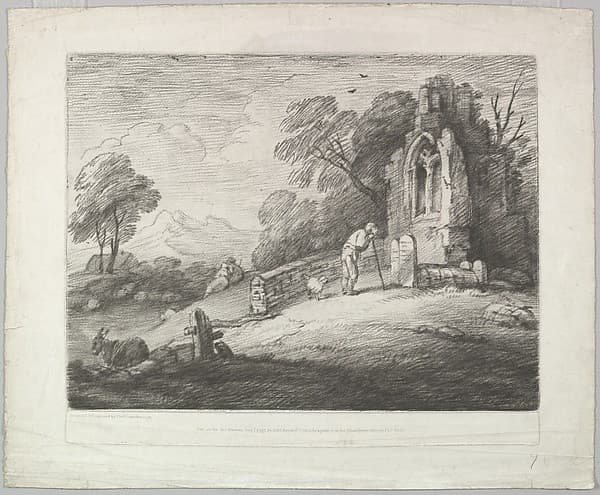 Wooded Landscape with a Peasant Reading a Tombstone, Rustic Lovers and a Ruined Church
