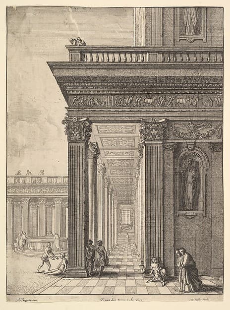 Temple colonnade and courtyard with figures