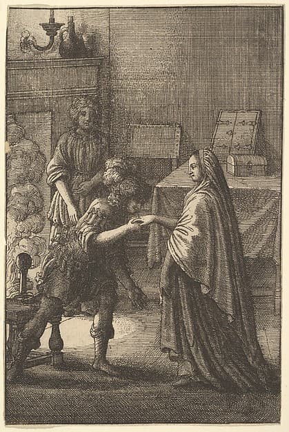 The soldier kissing the woman's hand (from John Ogilby, "Aesopics or a Second Colllection of Fables," 1668)