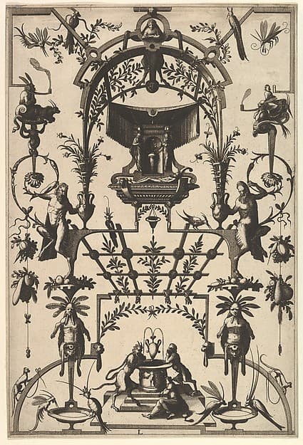 Surface Decoration, Grotesque with Strapwork and Pergolas, Burial Scene above center from Veelderleij Veranderinghe van grotissen ende Compertimenten...Libro Primo