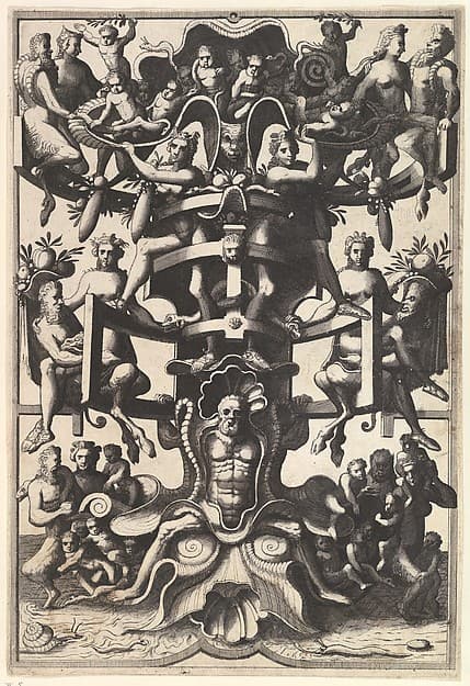 Man Sitting on an Auricular Mask, Supporting a Strapwork Frame on His Shoulders from Veelderleij niewe inventien van antijckesche sepultueren diemen nou zeere ghebruijkende is met noch zeer fraeije grotissen en compertimenten zeer beqwame voer beeltsniders antijcksniders schilders en all constenaers...Libro Secundo