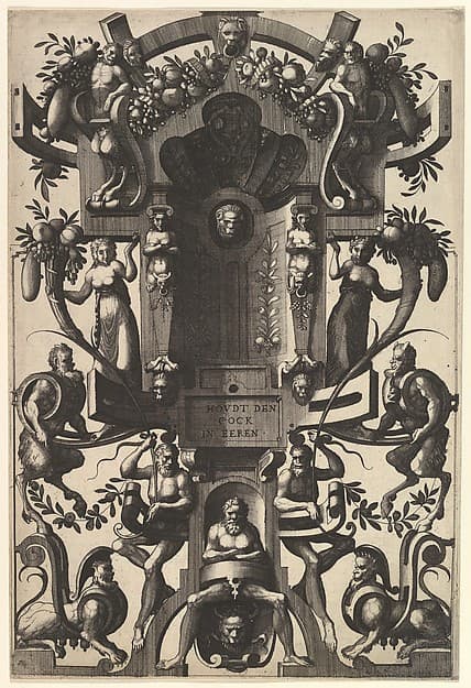 Niche in the Form of a Cartouche from the series Veelderleij niewe inuentien van antijcksche sepultueren, diemen nou zeere ghebruijkende is met noch zeer fraeije grotissen en[de] Compertimenten zeer beqwame voer beeltsniders antijcksniders schilders en[de] all Constenaers...Libro Secundo