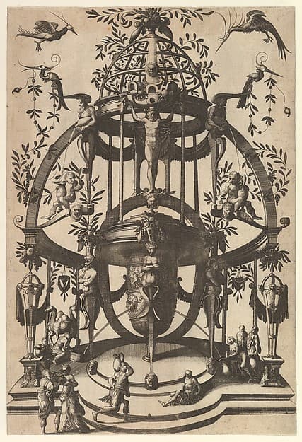 Vase Placed in Center of a Tempietto with Lattice, an Arch at the Top from Veelderleij niewe inventien van antijckesche sepultueren diemen nou zeere ghebruijkende is met noch zeer fraeije grotissen en compertimenten zeer beqwame voer beeltsniders antijcksniders schilders en all constenaers...Libro Secundo