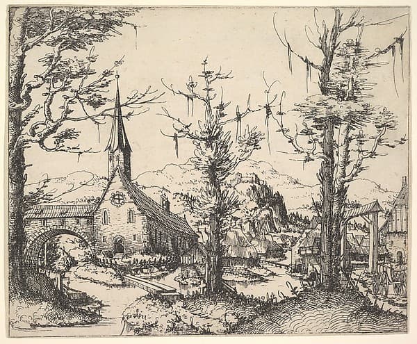 Landscape with Four Trees and a Church at Right (counterproof)
