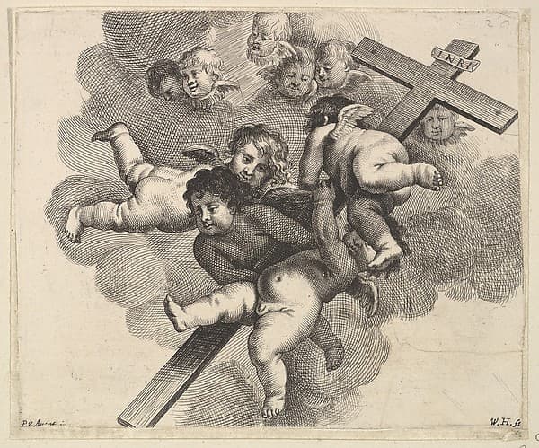 Four cherubs carrying a cross