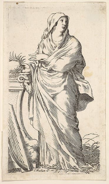 Robed woman standing next to a plinth, her right hand bears a palm branch, a harp rests against the plinth