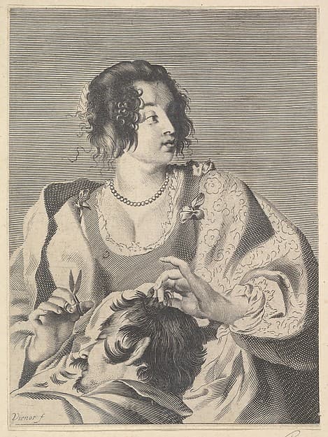Delilah preparing to cut Samson's hair with scissors in her right hand, below her chest are the head and shoulders of the sleeping Samson