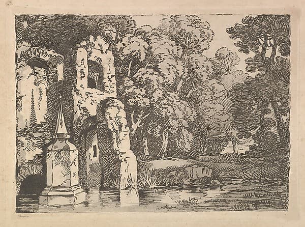 Ruins Next to a Pool in a Wooded Landscape