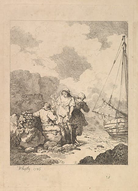 Fishermen by the Shore – Coastal Scene with a Man Sitting on Rocks and Smoking a Pipe, Next to a Standing Young Woman, with a Second Woman Behind