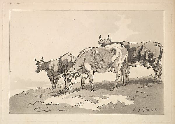 Three Cows Standing on the Ridge of a Field