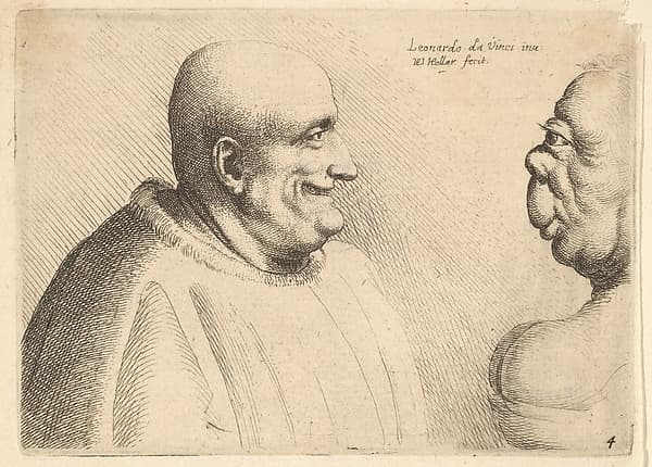 A large man with a bald head facing a grotesque female