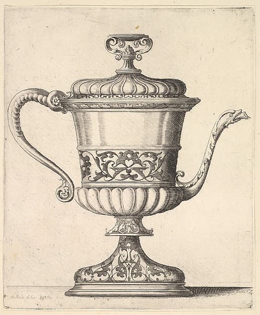 Jug with lid, engraved with arabesque pattern, the narrow spout to right ending in snake's head, handle to left.