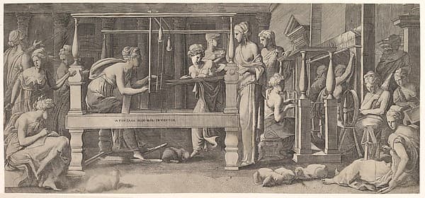 Penelope standing in the centre by a large weaving table amongst her women spinning and weaving