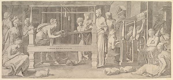 Women spinning, weaving and sewing