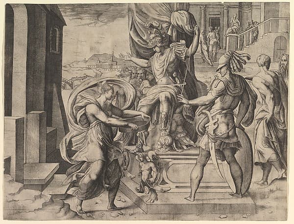 Rome emperor on a throne, vestal virgin Tuccia holding a sieve approaching from the left