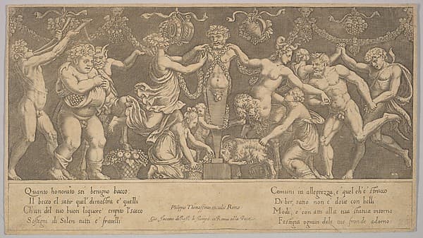 The sacrifice to Priapus who is in the form of a statue in the centre, Bacchus and a satyr at the left
