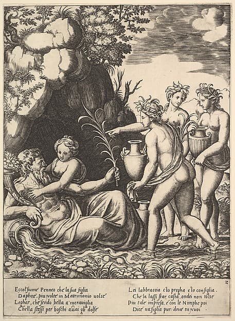 Daphne embracing her father, the river-god Peneus, at the left three nymphs bring jars from "Story of Apollo and Daphne"