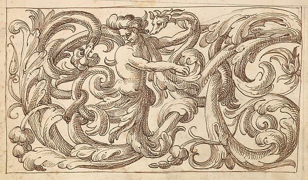 Horizontal Panel Design with a Man and Two Fantastical Creatures Interspersed between an Acanthus Rinceau