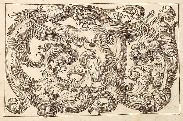Horizontal Panel Design with a Female Figure and Two Fantastical Creatures Interspersed between Acanthus Rinceaux