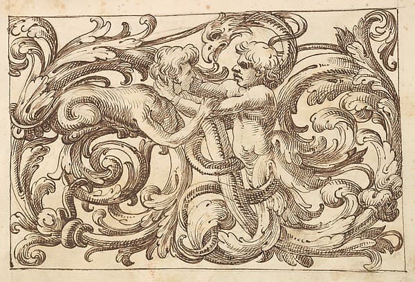 Horizontal Panel Design with a Man fighting a Sphinx and a Fantastical Creature Interspersed between Acanthus Rinceaux