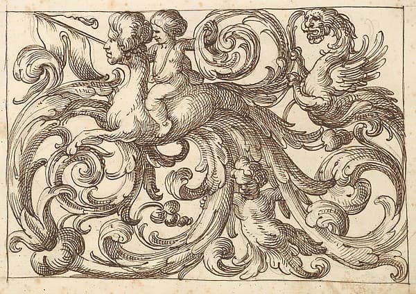 Horizontal Panel Design with a Sphinx, Two Putti and a Lionesque Fantastical Creature Interspersed Between Acanthus Rinceaux.