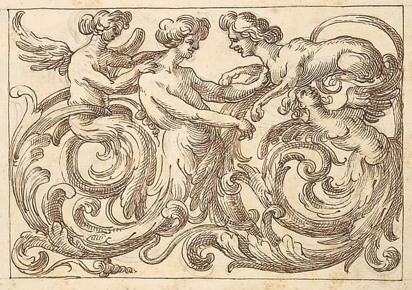 Horizontal Panel Design with a Three Androgynous Figures and a Sphinx Combined with Acanthus Rinceaux