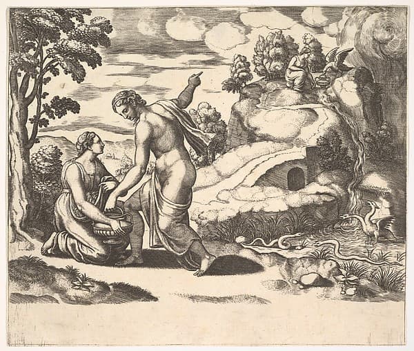 Venus ordering Psyche to take water from a fountain guarded by dragons, from 'Fable of Cupd and Psyche'