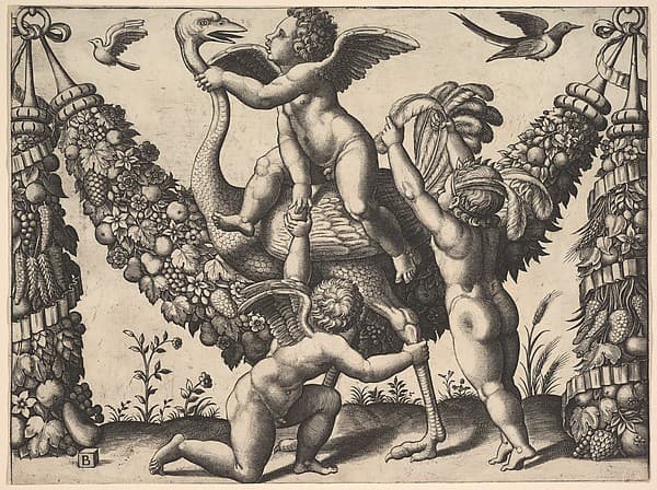 Three putti before a large garland, the one in the middle rides an ostrich, from a series of tapestries made for Leo X