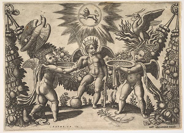 Two putti presenting cups full of gold to a putto in the guise of the god of riches, from a series of tapestries made for Leo X
