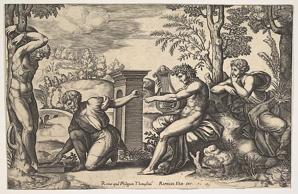 Apollo seated at the right with a lyre on his knee, pointing to a kneeling man who is about to flay Marsyas who is tied naked to a tree at left