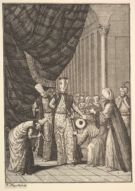 Sultan Ahmed III Crowned in the Mosque at Eyups (Aubry de La Mottraye's "Travels throughout Europe, Asia and into Part of Africa...," London, 1724, vol. I, pl. 17B)