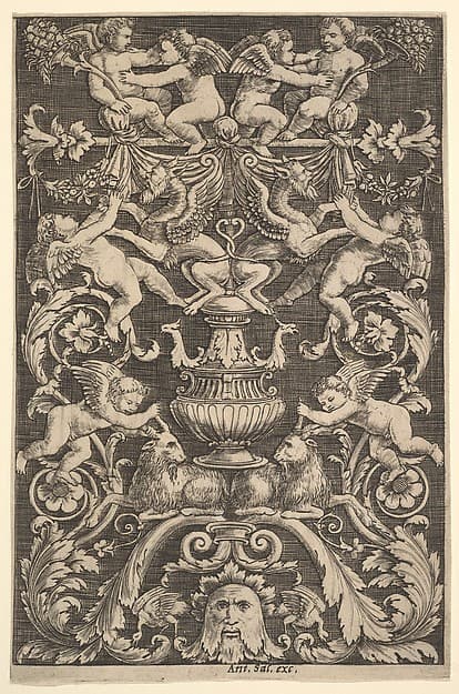 A panel of ornament with putti, goat and other figures