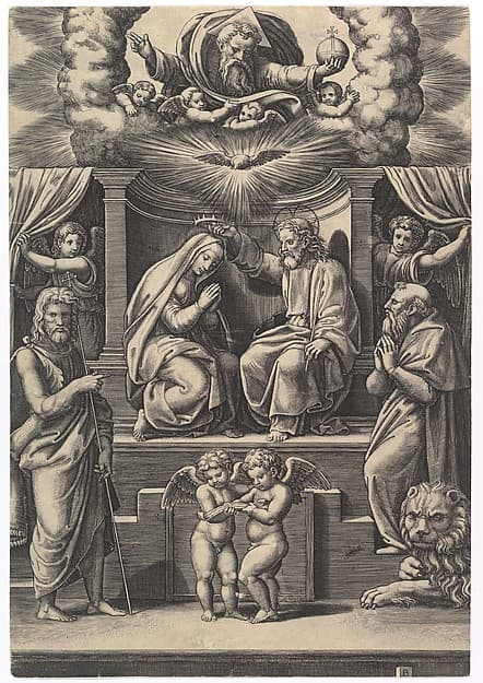 The Coronation of the Virgin, at lower left stands St John the Baptist, at lower right St Jerome, God the father above