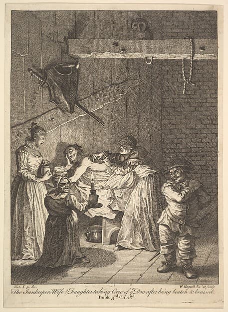 The Innkeeper's Wife and Daughter Taking Care of ye Don after Being Beaten and Bruised (Six Illustrations for Don Quixote)