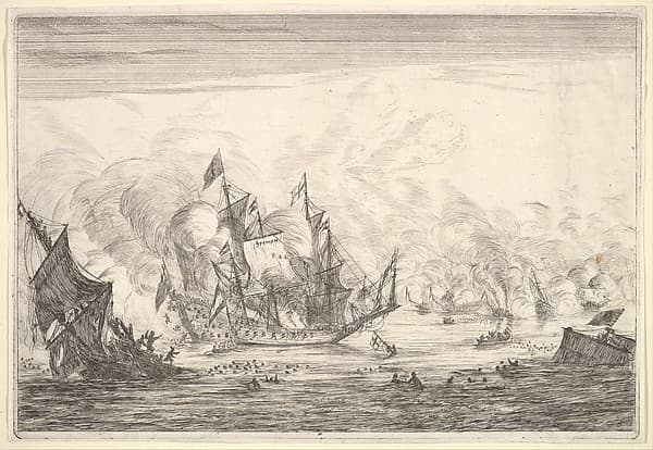 Naval Battle with an English Ship Foundering on the Left, from Naval Battles (Nieuwe Scheeps Batalien), plate 5