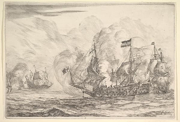 Naval Encounter with Three Vessels on the Right, from Naval Battles (Nieuwe Scheeps Batalien), plate 7