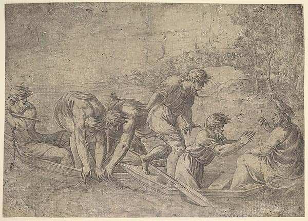 The miraculous draught of the fishes, Christ at the right accompanied by apostles in the boat