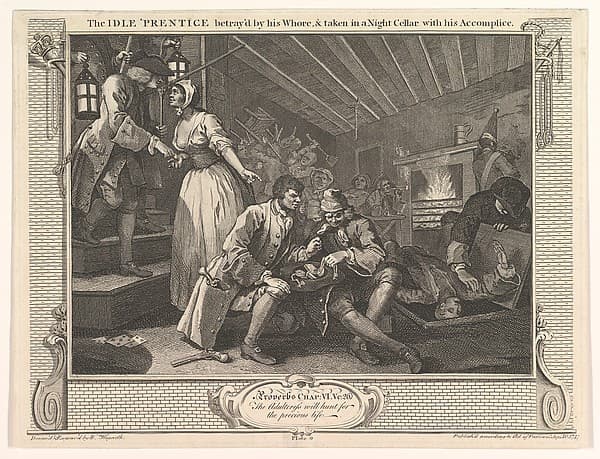 The Idle 'Prentice Betrayed by his Whore and Taken in a Night Cellar with his Accomplice (Industry and Idleness, plate 9)