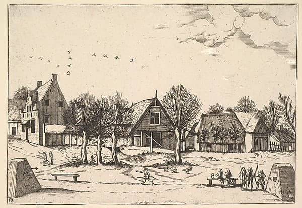 Country Village, archers in the foreground from Multifariarum casularum ruriumque lineamenta curiose ad vivum expressa